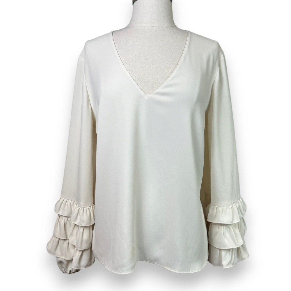 Amanda Uprichard Ruffle Bell Sleeve V Neck Blouse Womens Size Medium Cream Luxe